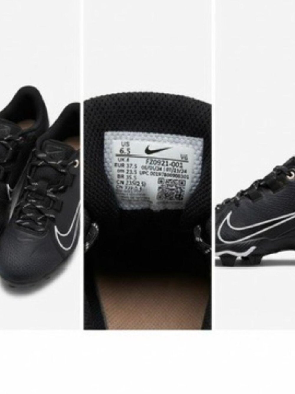 Nike Youth Black Molded Cleats White Swoosh Size 6.5Y